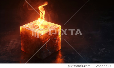 Glowing Cube With Flame Illuminating in a Dark Mysterious Setting 123355527