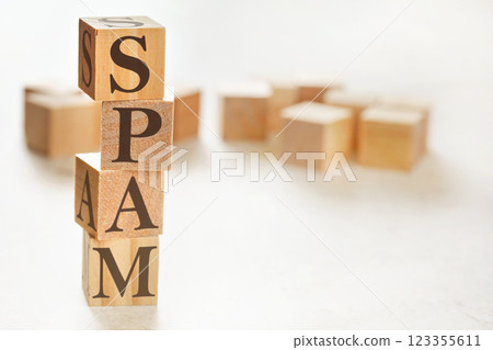 Four wooden cubes arranged in stack with word SPAM on them, space for text / image at down right corner 123355611
