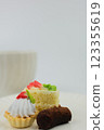 Close up side view of mini desserts lying on a plate, behind them is a white mug with a hot drink on a white background with space for text. The concept of mini desserts, sweets, confectionery. High 123355619