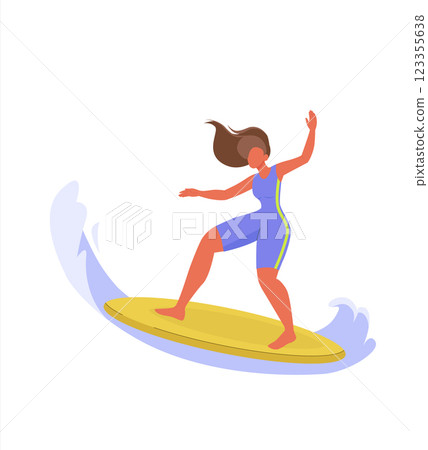 Young girl riding surfboard. Female character in swimwear surfing ocean wave. Summer holidays, sport recreation, sea leisure hobby Young girl riding surfboard. Female character in swimwear surfing ocean wave. Summer holidays, sport recreation, sea leisure hobby 123355638