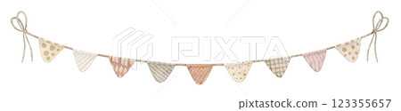 Watercolor illustration of a Garland with pastel Flags. Drawing of beige Bunting in boho style for Baby shower greeting cards or childish Birthday invitations. Art of pennants for wedding decorations. Watercolor illustration of a Garland with pastel Flags. Drawing of beige Bunting in boho style for Baby shower greeting cards or childish Birthday invitations. Art of pennants for wedding decorations. 123355657