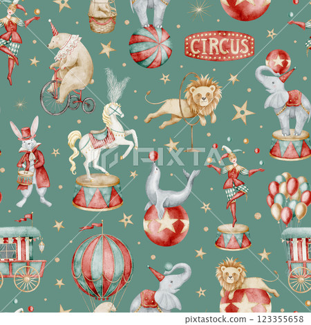 Watercolor Circus seamless Pattern with animals and carnival vintage elements. Illustration on green background for party wrapping paper or kids nursery wallpaper. Festival backdrop for baby textile. Watercolor Circus seamless Pattern with animals and carnival vintage elements. Illustration on green background for party wrapping paper or kids nursery wallpaper. Festival backdrop for baby textile. 123355658