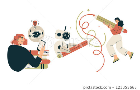 Artificial Intelligence Technology with People Character Interacting with Smart Bot Vector Set 123355663