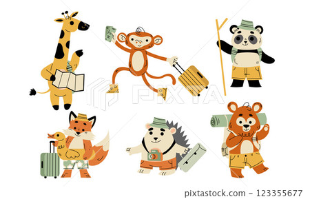 Cute Animal Traveler on Summer Vacation with Luggage Having Trip Vector Set Cute Animal Traveler on Summer Vacation with Luggage Having Trip Vector Set 123355677