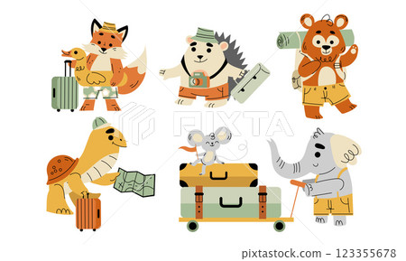Cute Animal Traveler on Summer Vacation with Luggage Having Trip Vector Set Cute Animal Traveler on Summer Vacation with Luggage Having Trip Vector Set 123355678
