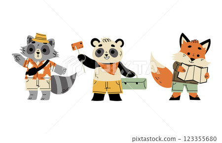 Cute Animal Traveler on Summer Vacation with Luggage Having Trip Vector Set 123355680