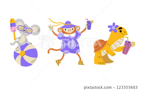 Funny Animals Tourist Enjoying Summer Beach Vacation Vector Set 123355683
