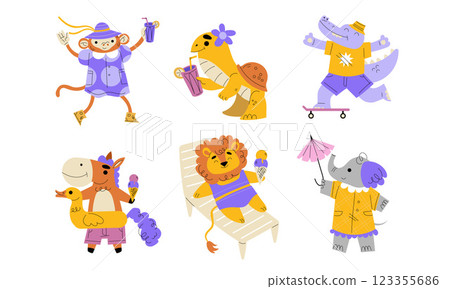 Funny Animals Tourist Enjoying Summer Beach Vacation Vector Set 123355686