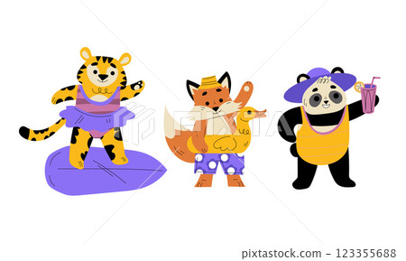 Funny Animals Tourist Enjoying Summer Beach Vacation Vector Set 123355688