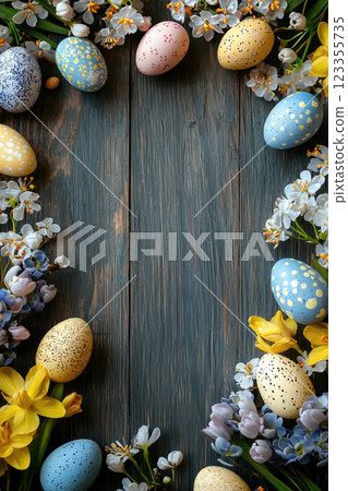 easter frame background with spring flower and easter egg 123355735