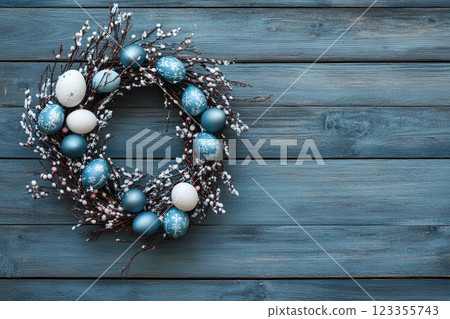 Easter egg wreath on a wooden background. Top view. Copy space 123355743