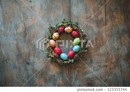 Easter egg wreath on a wooden background. Top view. Copy space 123355744