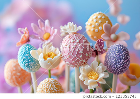 colorful easter cake pop on unfocused background 123355745