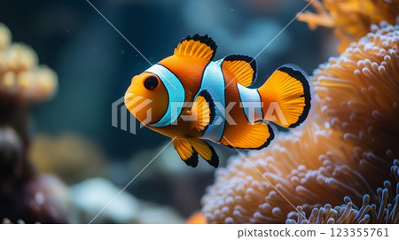Nemo fish with bright orange color and striking black stripes, swimming in a colorful aquarium. 123355761