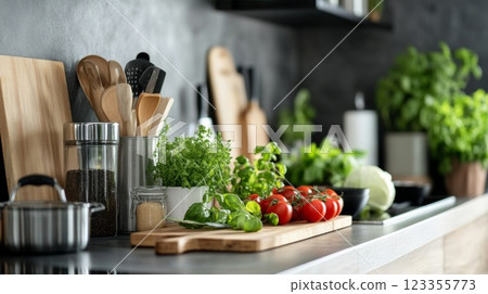 Fresh herbs and tomatoes adding vibrancy to modern kitchen countertop 123355773