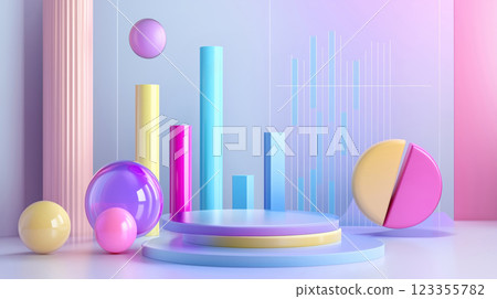 Colorful 3d geometric shapes forming a presentation space with charts and graphs 123355782