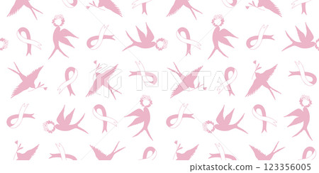 Seamless pattern with silhouettes of a spring swallow bird. Birds with spring flowers and wreaths, on the background of a breast cancer awareness ribbon. A conceptual pattern. Background design. Seamless pattern with silhouettes of a spring swallow bird. Birds with spring flowers and wreaths, on the background of a breast cancer awareness ribbon. A conceptual pattern. Background design. 123356005