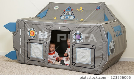 Two children inside a spaceship-themed play tent, dressed as astronauts, sitting on a beige carpet in an indoor environment Concept of playhouse for kids 123356006