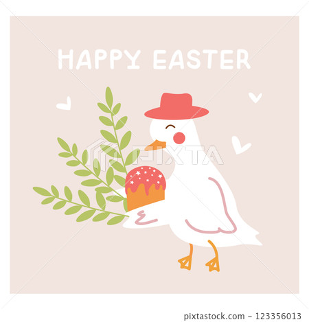 Easter vector illustration with a cute goose character carrying a gift for the holiday, a cake with icing and spring green twigs of plants. A set of elements for the design of banners and postcards Easter vector illustration with a cute goose character carrying a gift for the holiday, a cake with icing and spring green twigs of plants. A set of elements for the design of banners and postcards 123356013