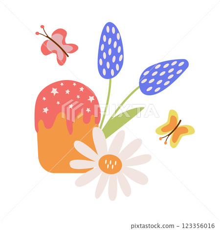Happy Easter vector clipart with cake, flowers and butterflies. A festive composition for the design of postcards, prints, banners. Happy Easter vector clipart with cake, flowers and butterflies. A festive composition for the design of postcards, prints, banners. 123356016