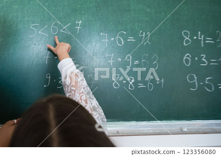 Child points to math problems on a green chalkboard, showcasing classroom learning and mathematical concepts being taught in the learning environment. 123356080