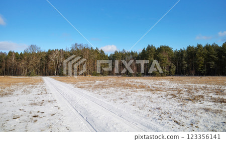 Winter landscape with forest and glade, West Pomeranian Voivodeship, Poland. 123356141