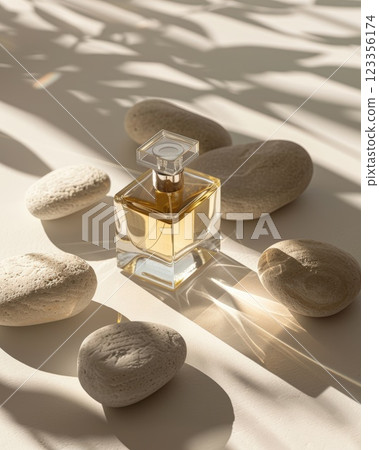 Glass Perfume Bottle Surrounded by Stones in Natural Sunlight 123356174