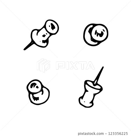 Hand drawn vector illustration of a push pin set, featuring thumbtacks, and pushbuttons. Black and white line art sketch for office and stationery designs. With isolated silhouette on the background Hand drawn vector illustration of a push pin set, featuring thumbtacks, and pushbuttons. Black and white line art sketch for office and stationery designs. With isolated silhouette on the background 123356225
