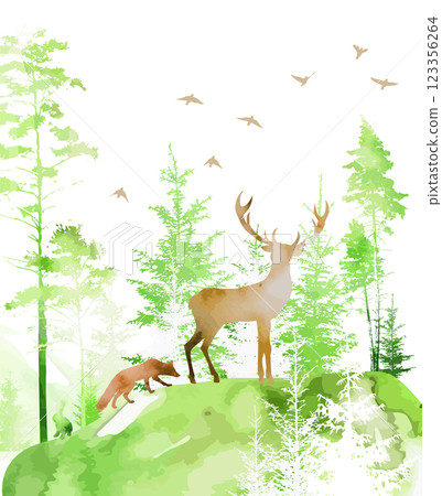 Green watercolor forest with animals. hand drawing. Not AI, Vector illustration 123356264