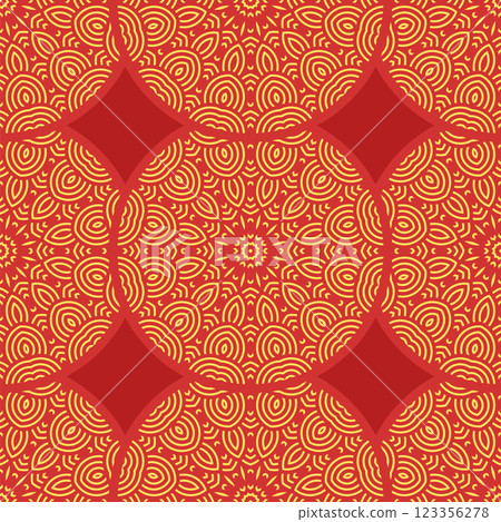 Vector Japanese seamless pattern in oriental geometric traditional style. Festive ornament for lunar chinese new year decoration. Red and golden asian creative motif. Abstract Waves and Circles 123356278