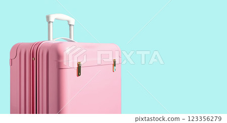 Travel Fashion. Closeup of plastic pink suitcases standing at empty blue background 123356279