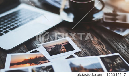 Photographer editing pictures on laptop with coffee and printed photos on desk 123356347