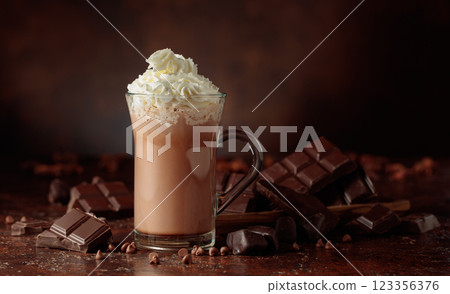 Hot chocolate cocoa drink with whipped cream. 123356376