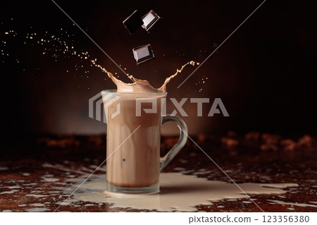Pieces of bitter chocolate fall in glass mug with cocoa drink. 123356380