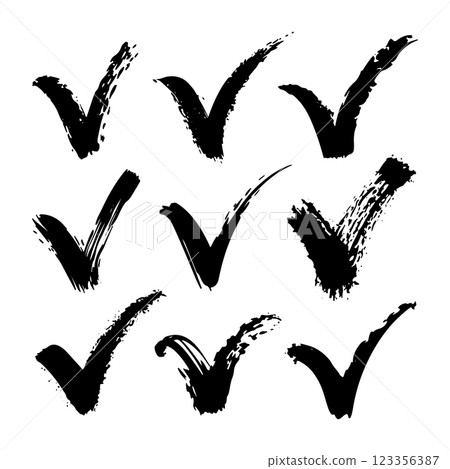A set of hand-drawn check marks created with rough brush strokes. The expressive, grunge style adds a dynamic and raw touch, perfect for creative and artistic designs. 123356387