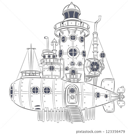 Steampunk Submarine Lighthouse. Vector black and white drawing 123356479