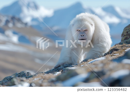 White albino yeti on the background of snow-capped mountains 123356482