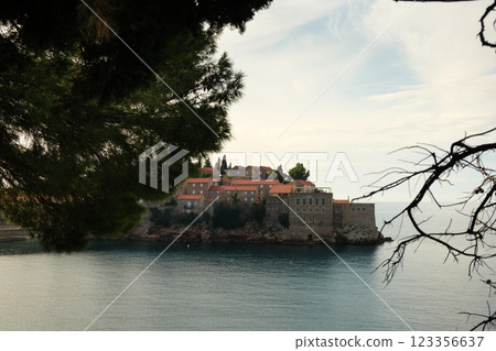 Sveti Stefan island with pebble beach with fishing boat and behind tree branches Sveti Stefan island with pebble beach with fishing boat and behind tree branches 123356637