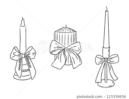 Line art drawing of three decorative candles 123356656