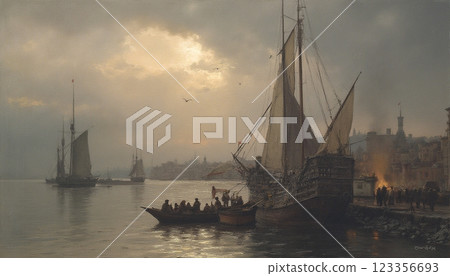 Sunset Harbor with Sailing Ships 123356693