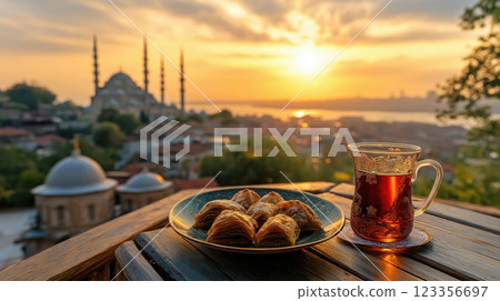 A scenic Middle Eastern cafe terrace at sunset 123356697