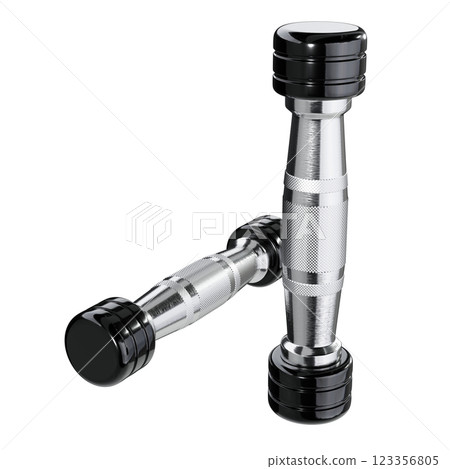 Two blank Round Dumbbells, black weightlifting gym equipment top view 123356805