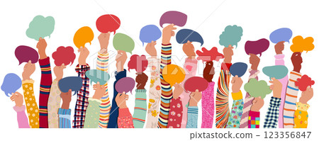 Many hands raised of diverse and multicultural children and teens holding empty speech bubbles. Diversity Equality Inclusion. Children at school or kindergarten. Isolated 123356847