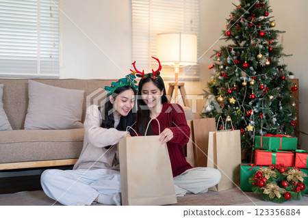 Loving Interracial Lesbian Couple Sharing Festive Moments at Home Loving Interracial Lesbian Couple Sharing Festive Moments at Home 123356884