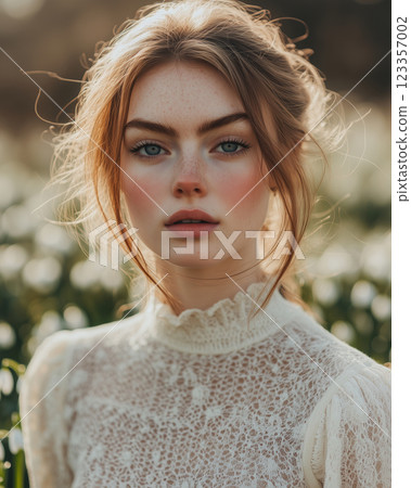 Ethereal beauty of a young woman in a snowdrop field during springtime Ethereal beauty of a young woman in a snowdrop field during springtime 123357002