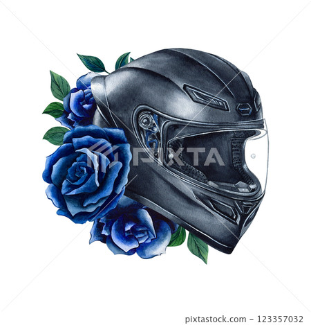 Motorcyclist helmet with flowers. Crash helmet, blue roses. Moto gear for women biker. Moto girl. Moto gear. Watercolor illustration isolated from the background. For posters, textile, t-shot 123357032