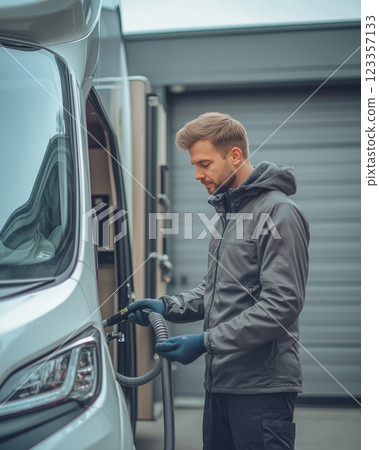 Skilled RV technician performs cleaning and repair work on rental unit 123357133