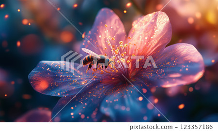 Bee gathering bright pollen from a spring flower in soft sunlight 123357186