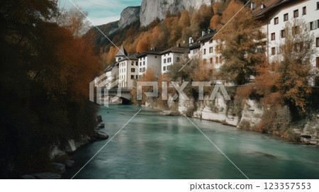 Beautiful old town surrounded by mountains view. Generative AI 123357553