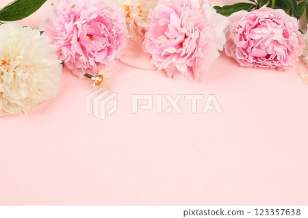 Frame made of peony flowers on a pink table, abstract floral composition flat lay, natural background, Mothers day greeting card, womens day, happy birthday, wedding, place for text, selective focus 123357638
